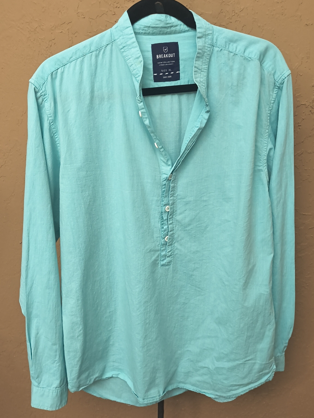Breakout Men’s Turquoise Long-Sleeve Henley Shirt With Mandarin Collar Size XL